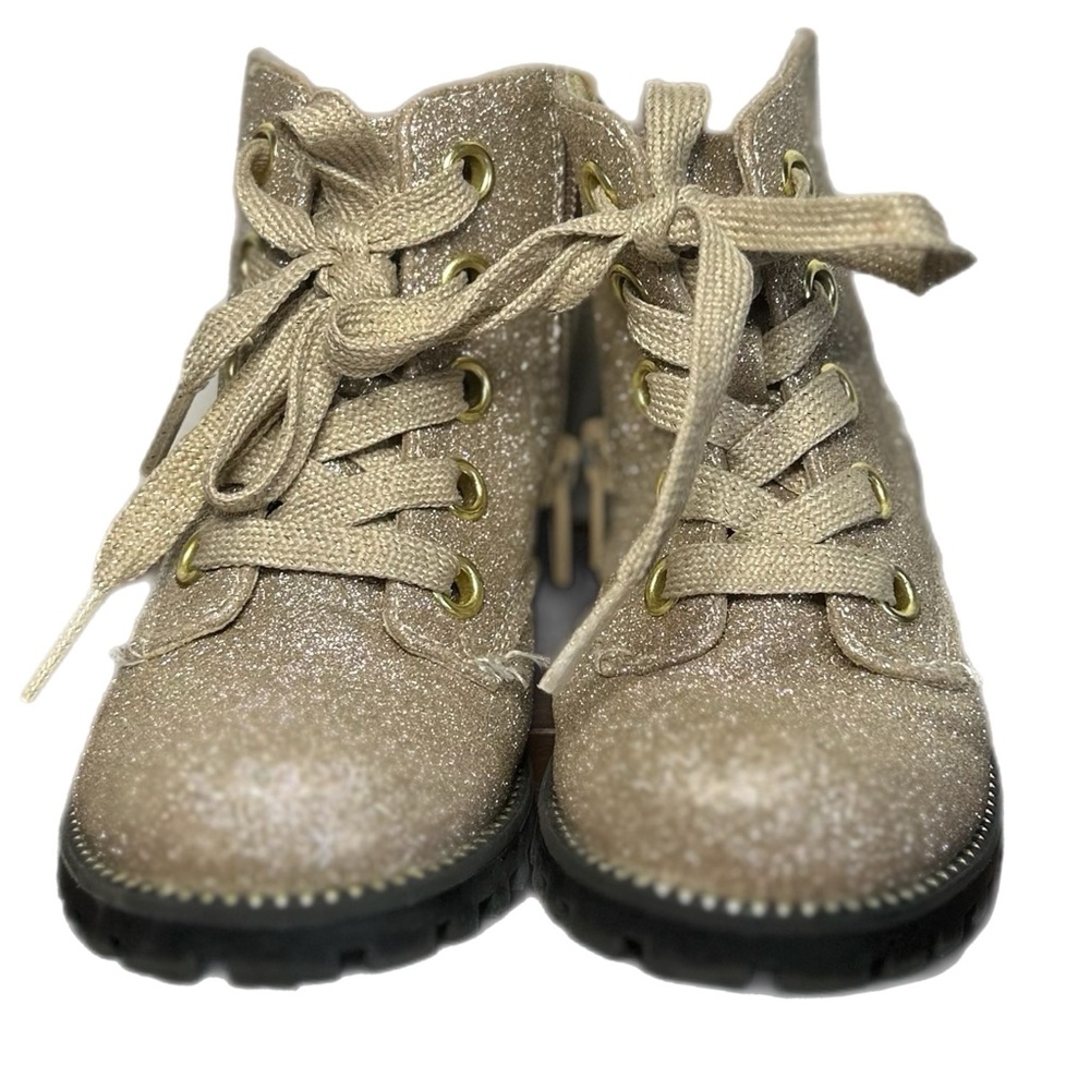 Toddler Girls Sparkly Gold Lace Boots with Zipper Closure and Rubber Sole